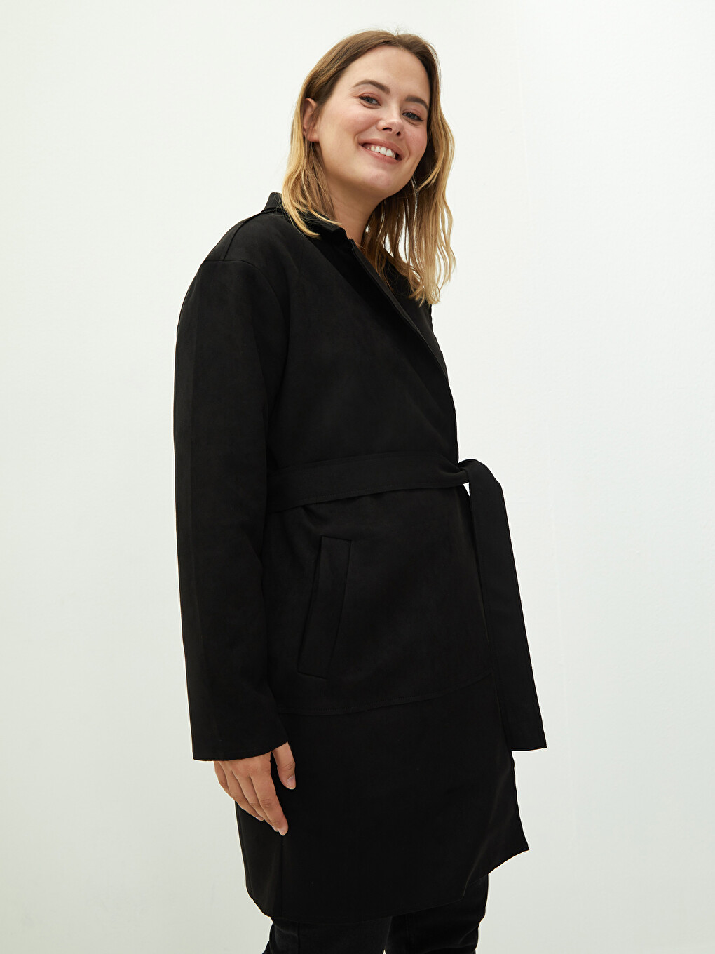 Jacket Collar Straight Waist Belt Pocket Detailed Long Sleeve Suede Fabric Women's Trench Coat-2