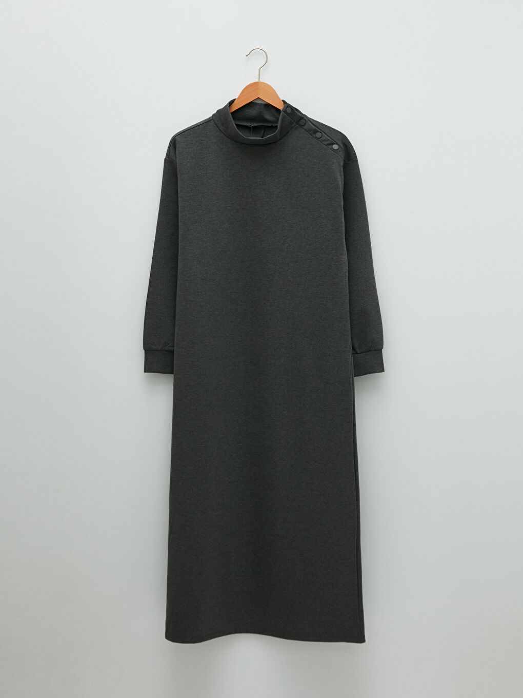Antrasit Dik Yaka Düz Uzun Kollu A Kesim Ponte Kumaş Kadın Elbise-8