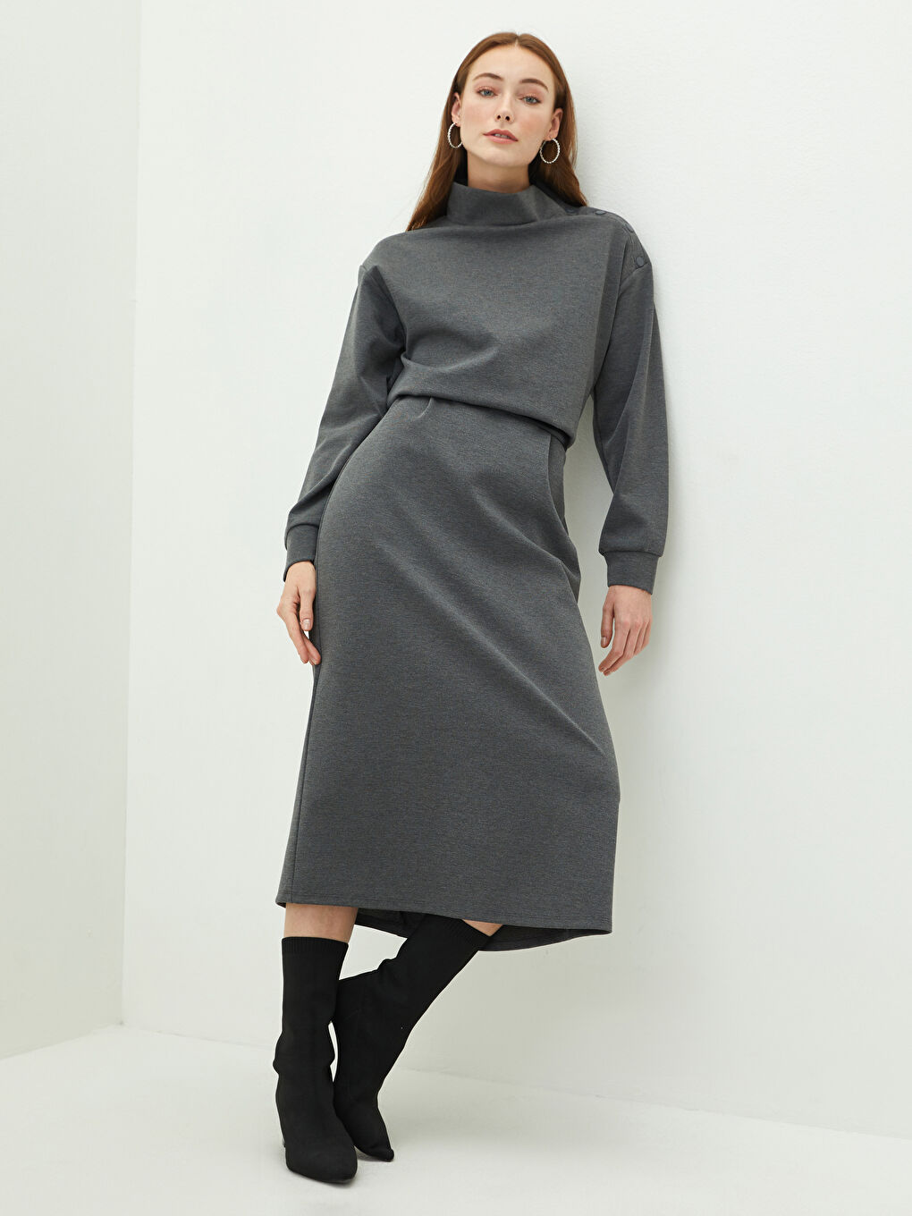 Antrasit Dik Yaka Düz Uzun Kollu A Kesim Ponte Kumaş Kadın Elbise