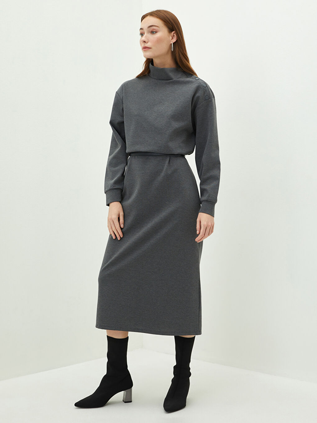 Antrasit Dik Yaka Düz Uzun Kollu A Kesim Ponte Kumaş Kadın Elbise-1
