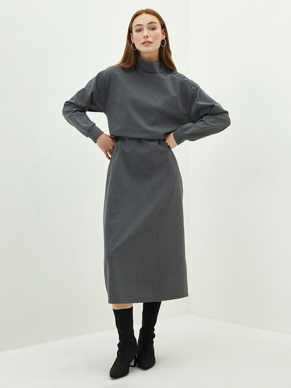 Antrasit Dik Yaka Düz Uzun Kollu A Kesim Ponte Kumaş Kadın Elbise-2