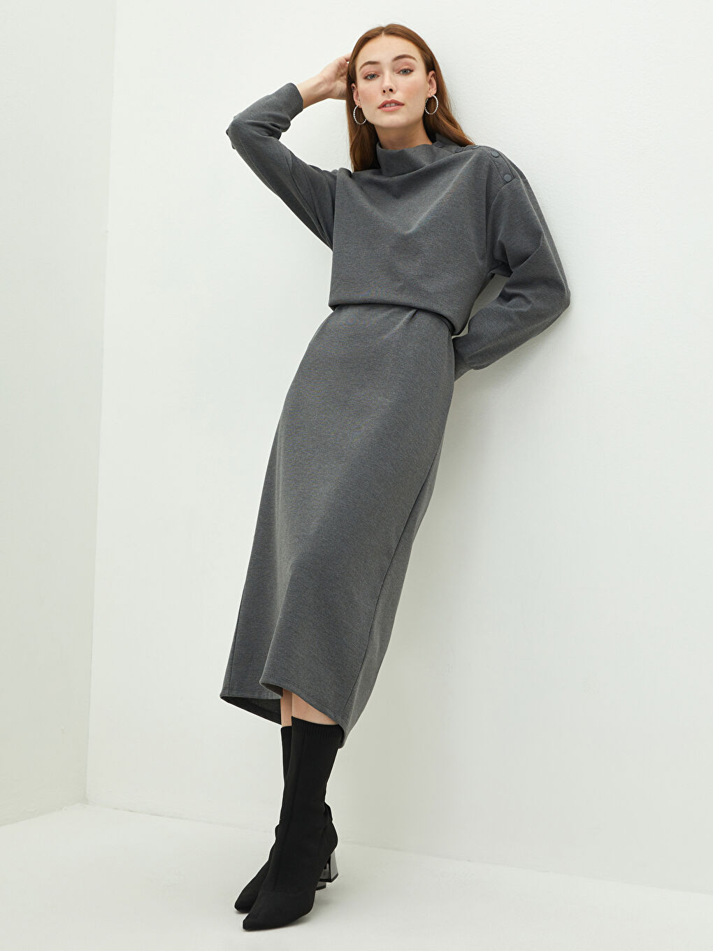 Antrasit Dik Yaka Düz Uzun Kollu A Kesim Ponte Kumaş Kadın Elbise-3