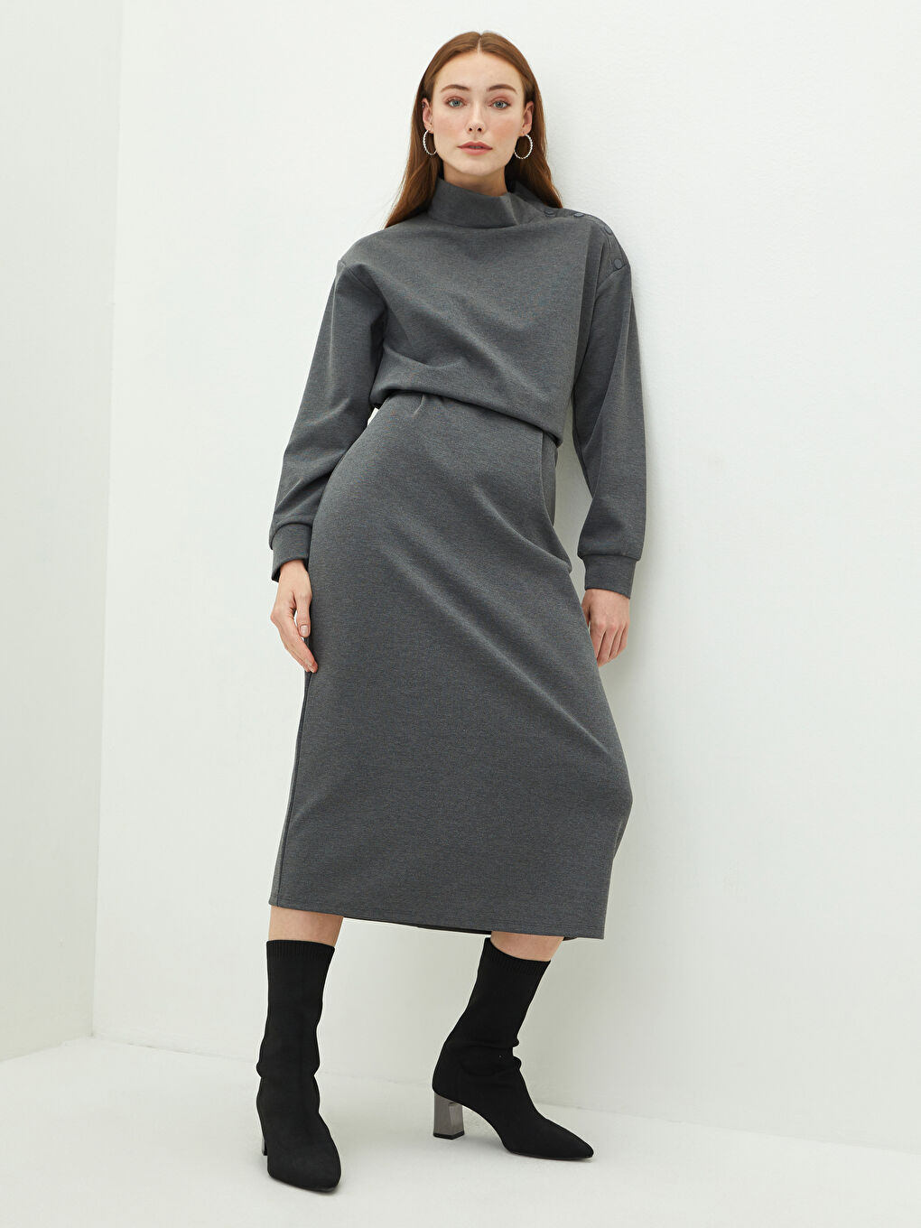 Antrasit Dik Yaka Düz Uzun Kollu A Kesim Ponte Kumaş Kadın Elbise-4