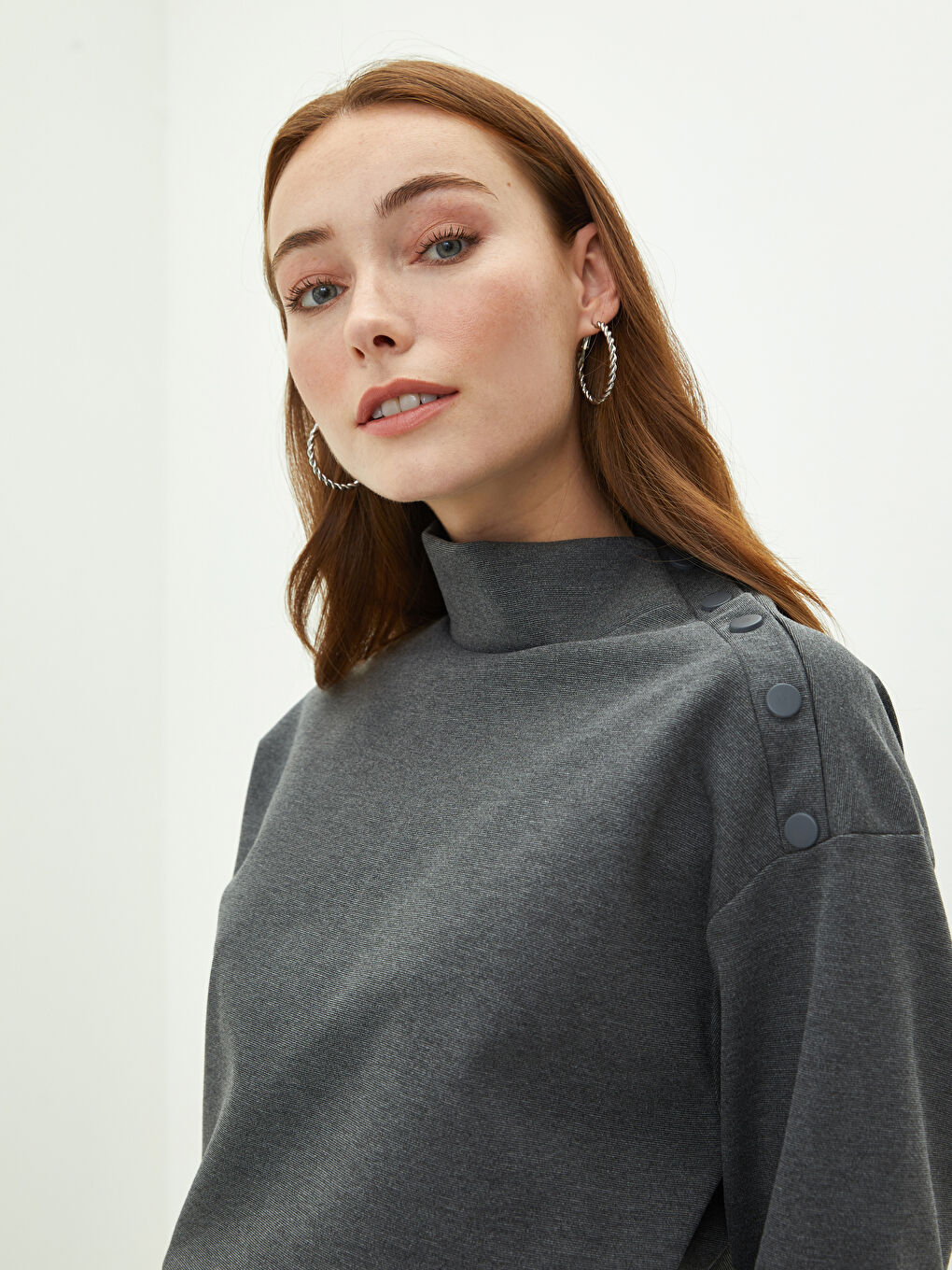 Antrasit Dik Yaka Düz Uzun Kollu A Kesim Ponte Kumaş Kadın Elbise-5