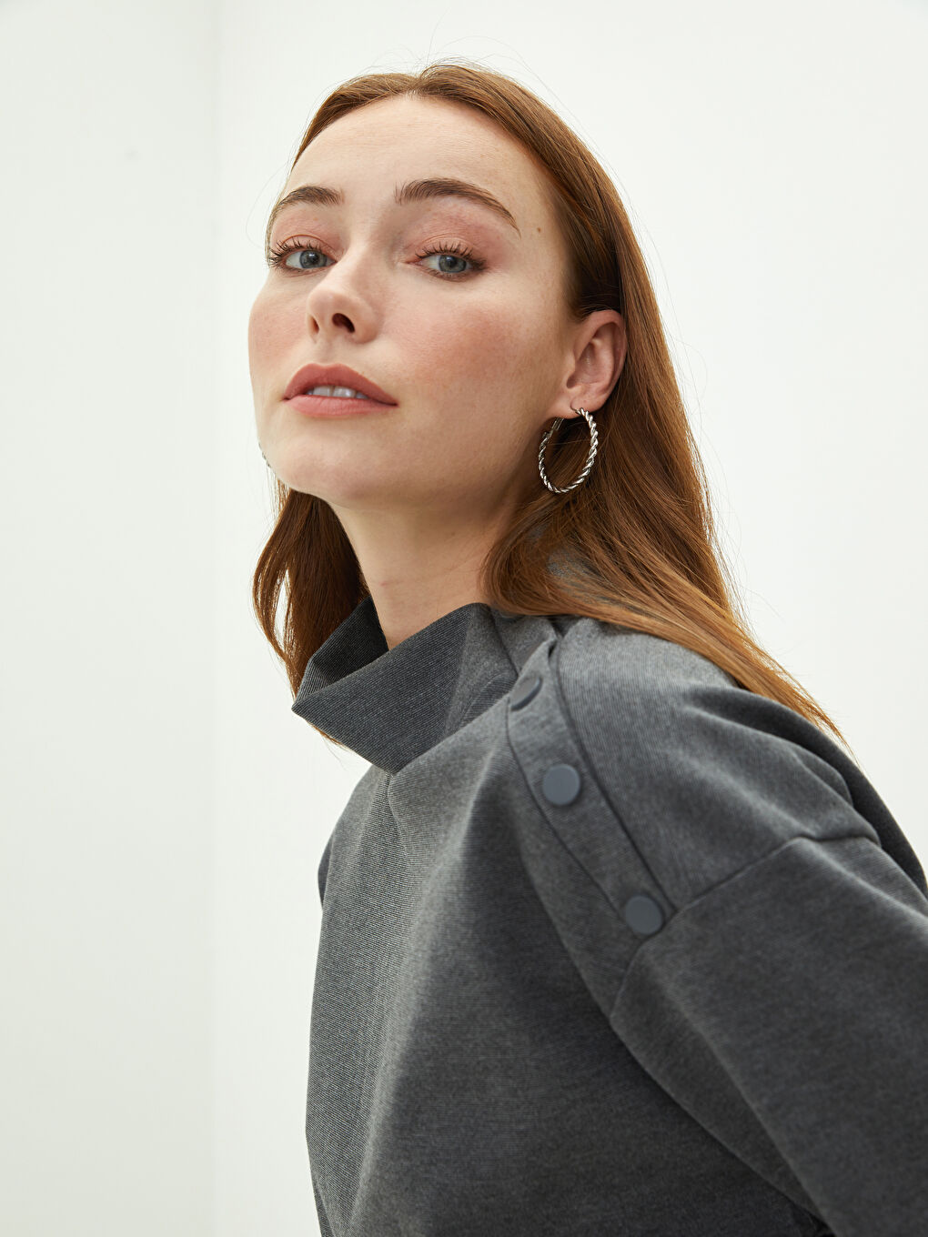 Antrasit Dik Yaka Düz Uzun Kollu A Kesim Ponte Kumaş Kadın Elbise-6