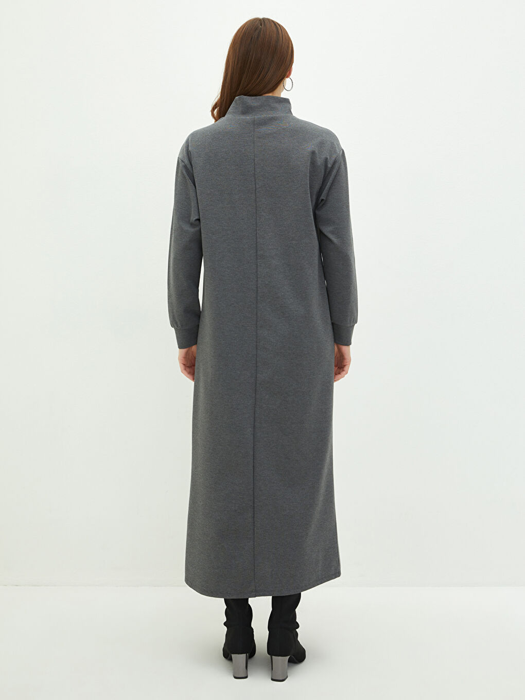 Antrasit Dik Yaka Düz Uzun Kollu A Kesim Ponte Kumaş Kadın Elbise-7