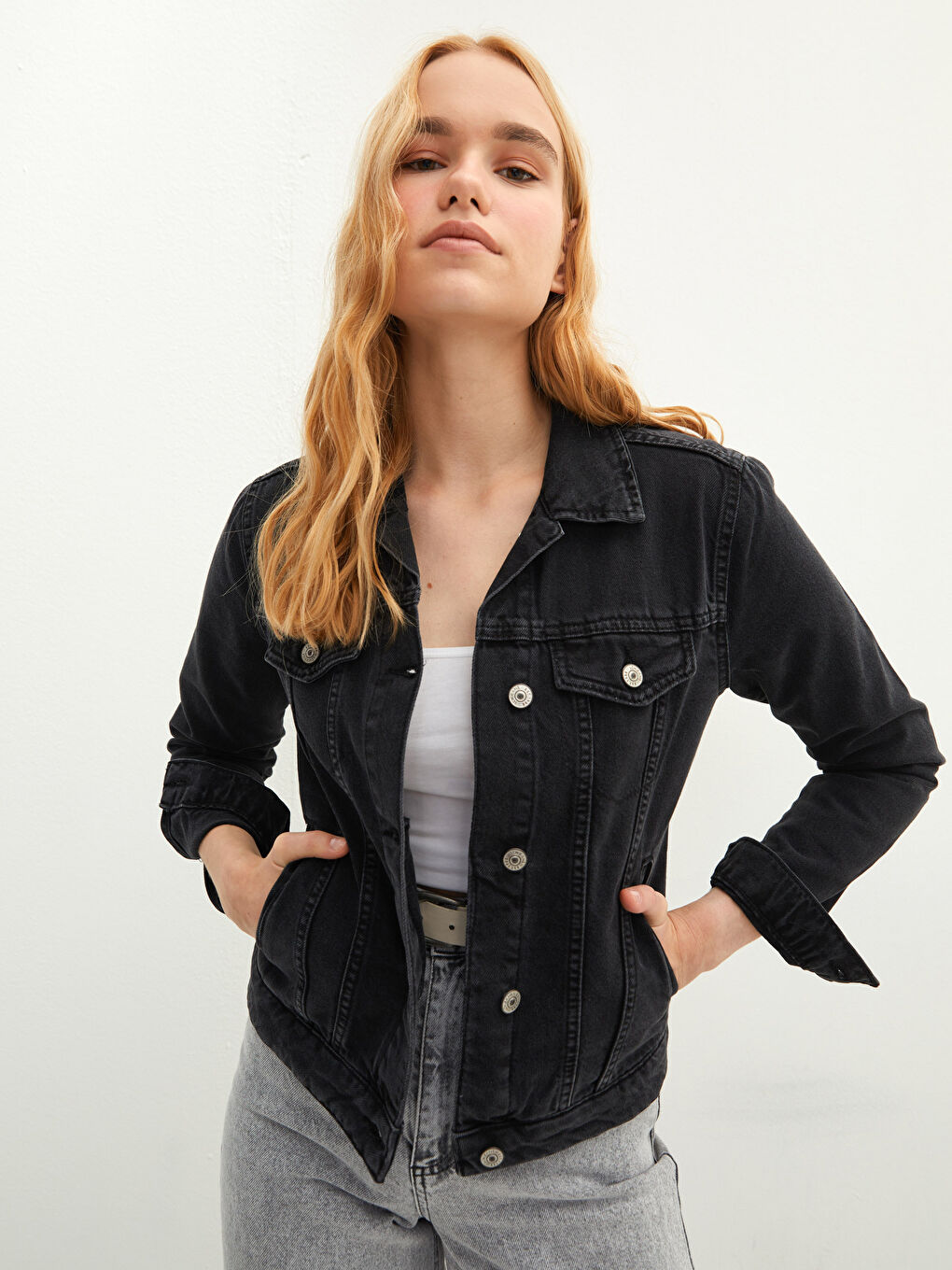Shirt Collar Straight Pocket Detailed Long Sleeve Women's Rodeo Jean Jacket-1