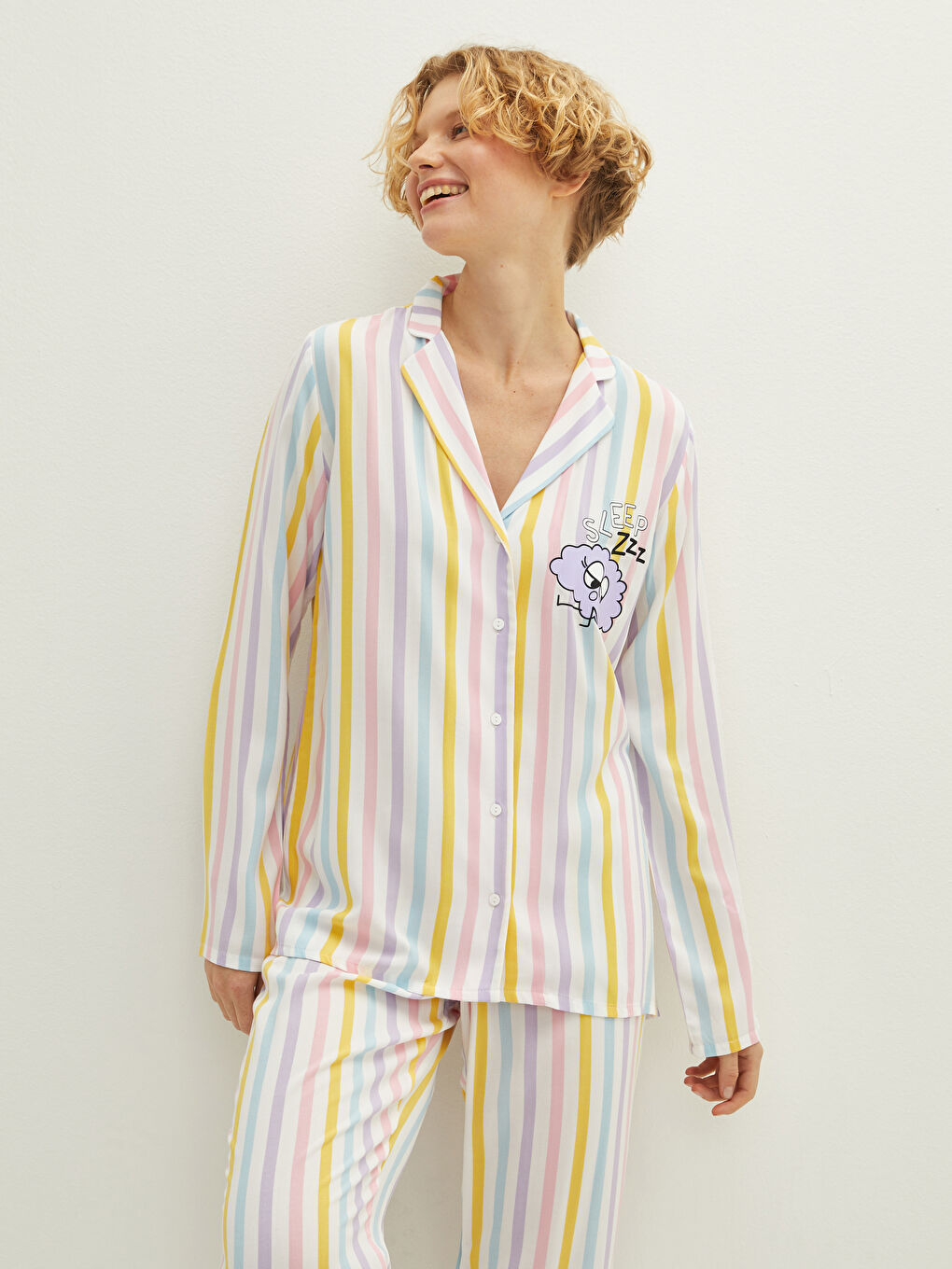 Shirt Collar Printed Long Sleeve Poplin Women's Pajamas Set-1