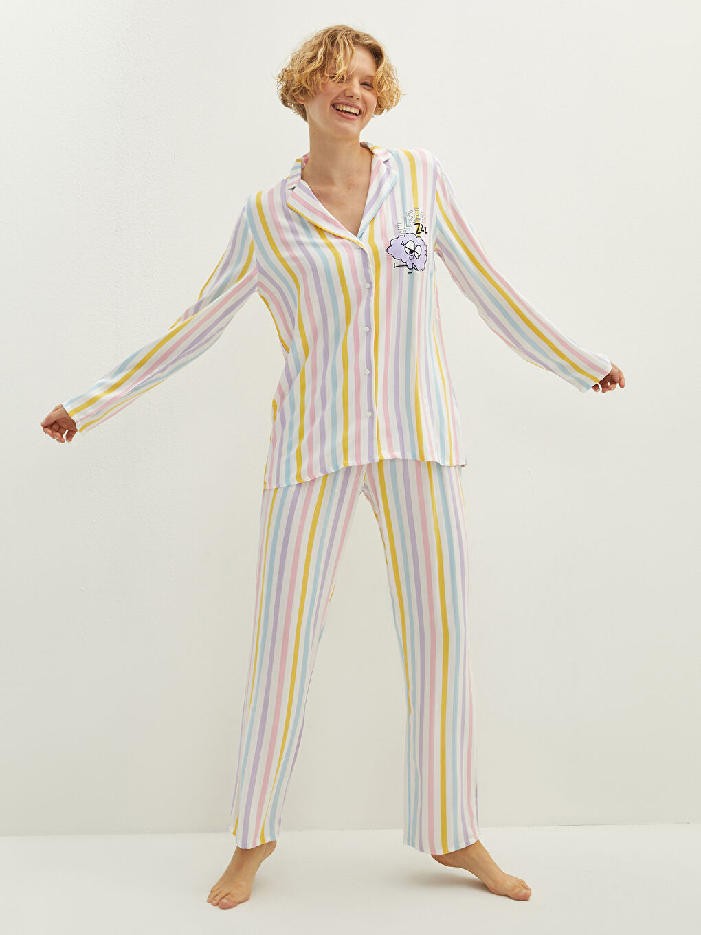 Shirt Collar Printed Long Sleeve Poplin Women's Pajamas Set-2