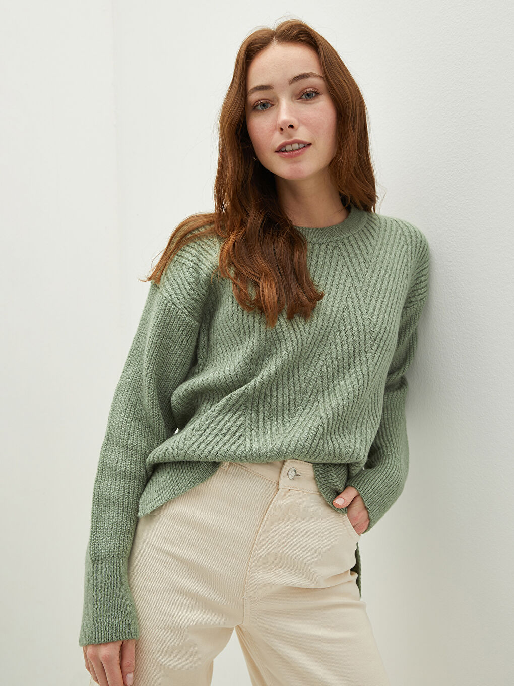 Crew Neck Self-Patterned Women's Knitwear Sweater-1