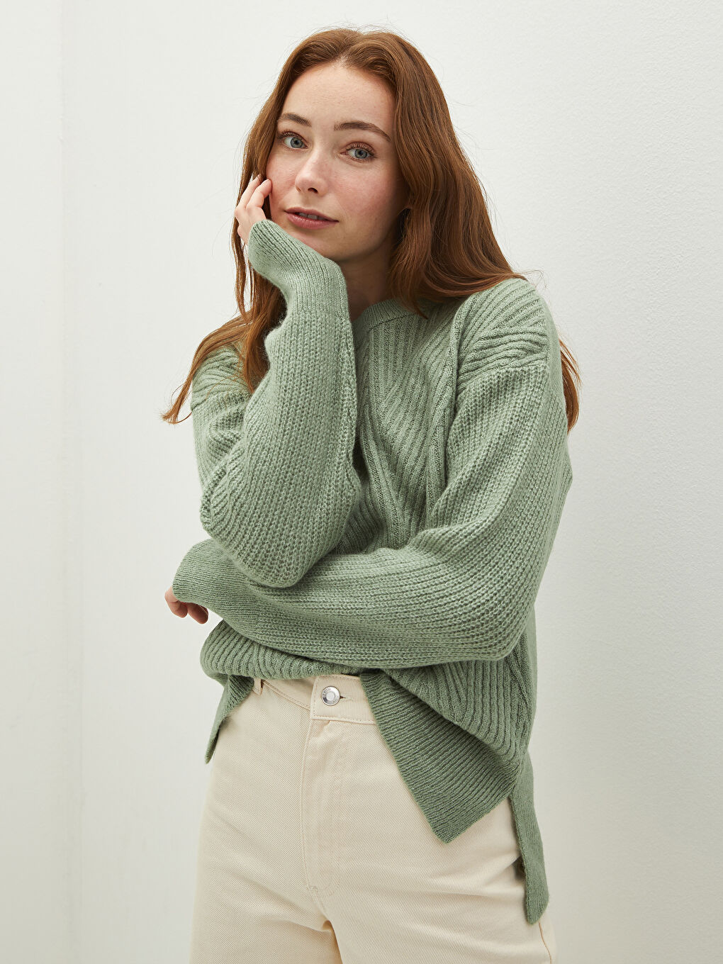 Crew Neck Self-Patterned Women's Knitwear Sweater