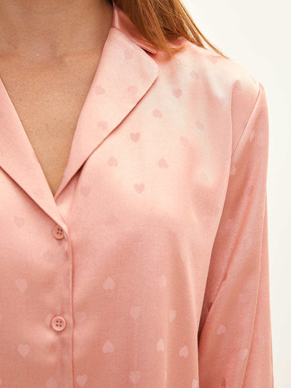 Pembe Gömlek Yaka Kalp Desenli Uzun Kollu Kadın Pijama Takımı-3