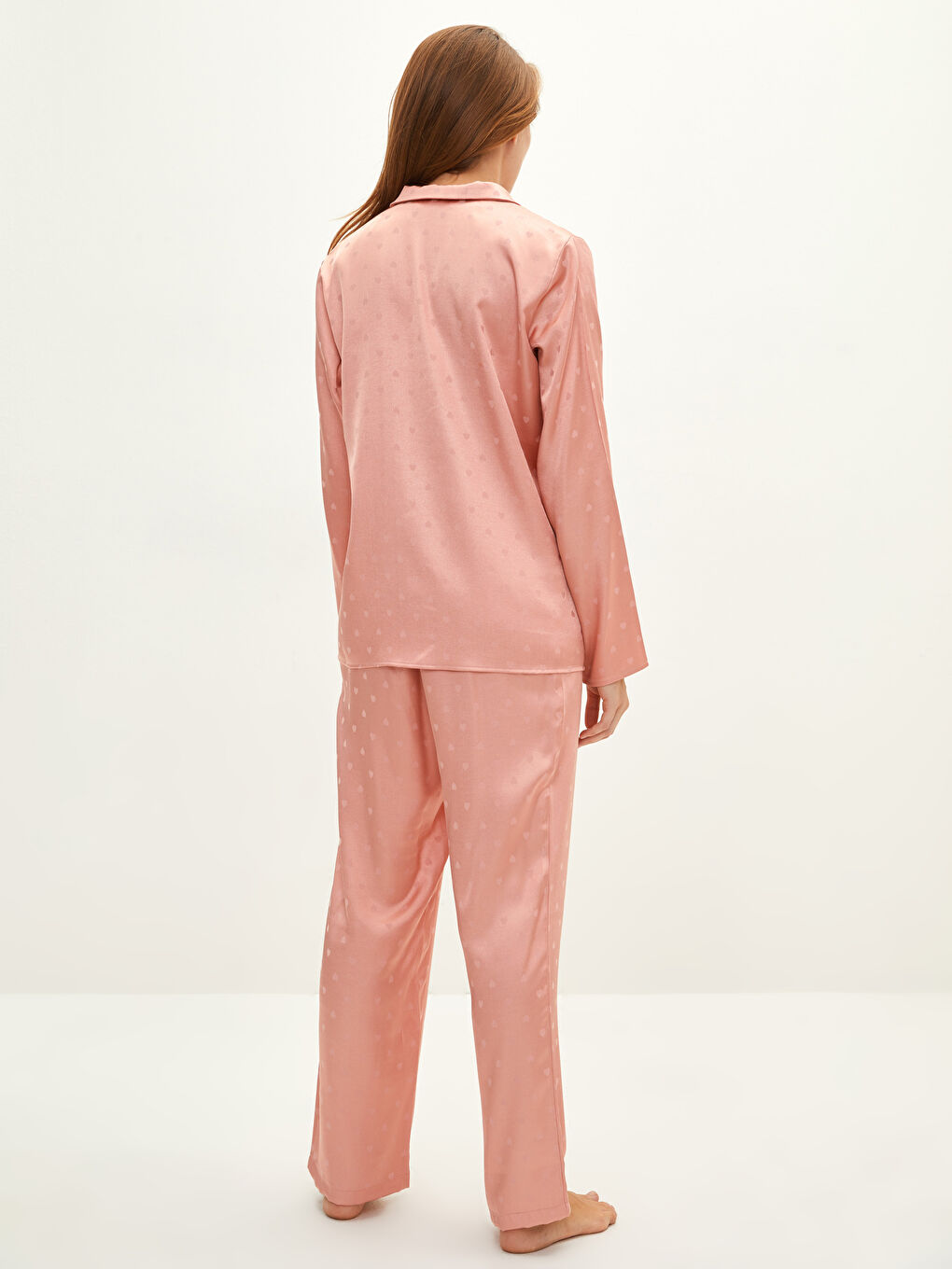 Pembe Gömlek Yaka Kalp Desenli Uzun Kollu Kadın Pijama Takımı-4