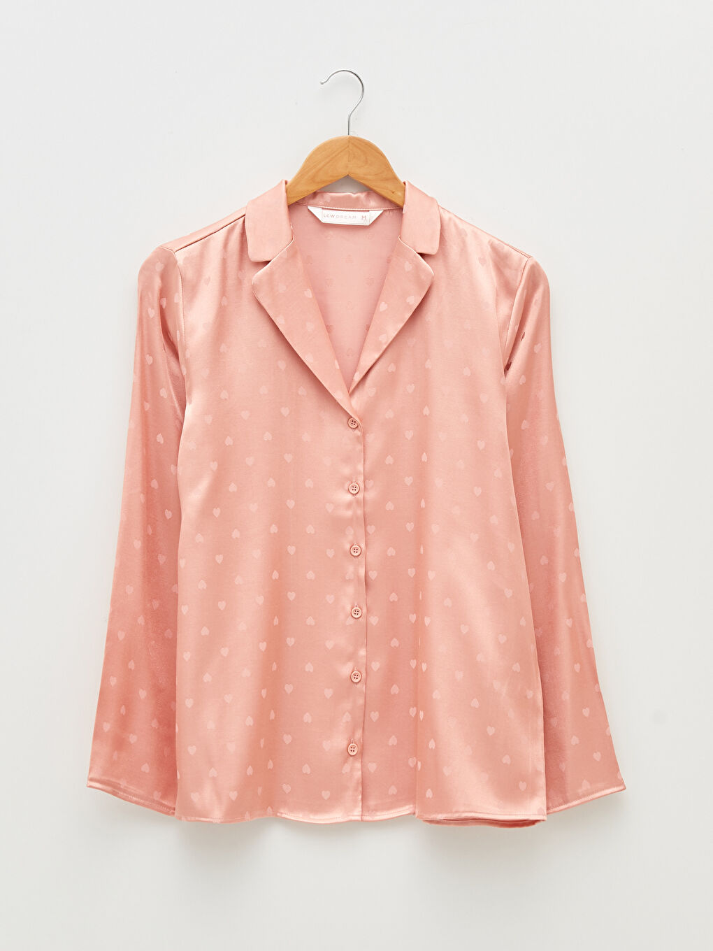 Pembe Gömlek Yaka Kalp Desenli Uzun Kollu Kadın Pijama Takımı-6