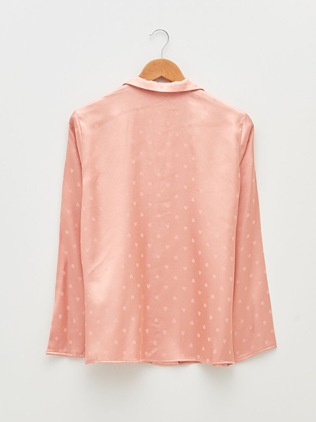 Pembe Gömlek Yaka Kalp Desenli Uzun Kollu Kadın Pijama Takımı-8