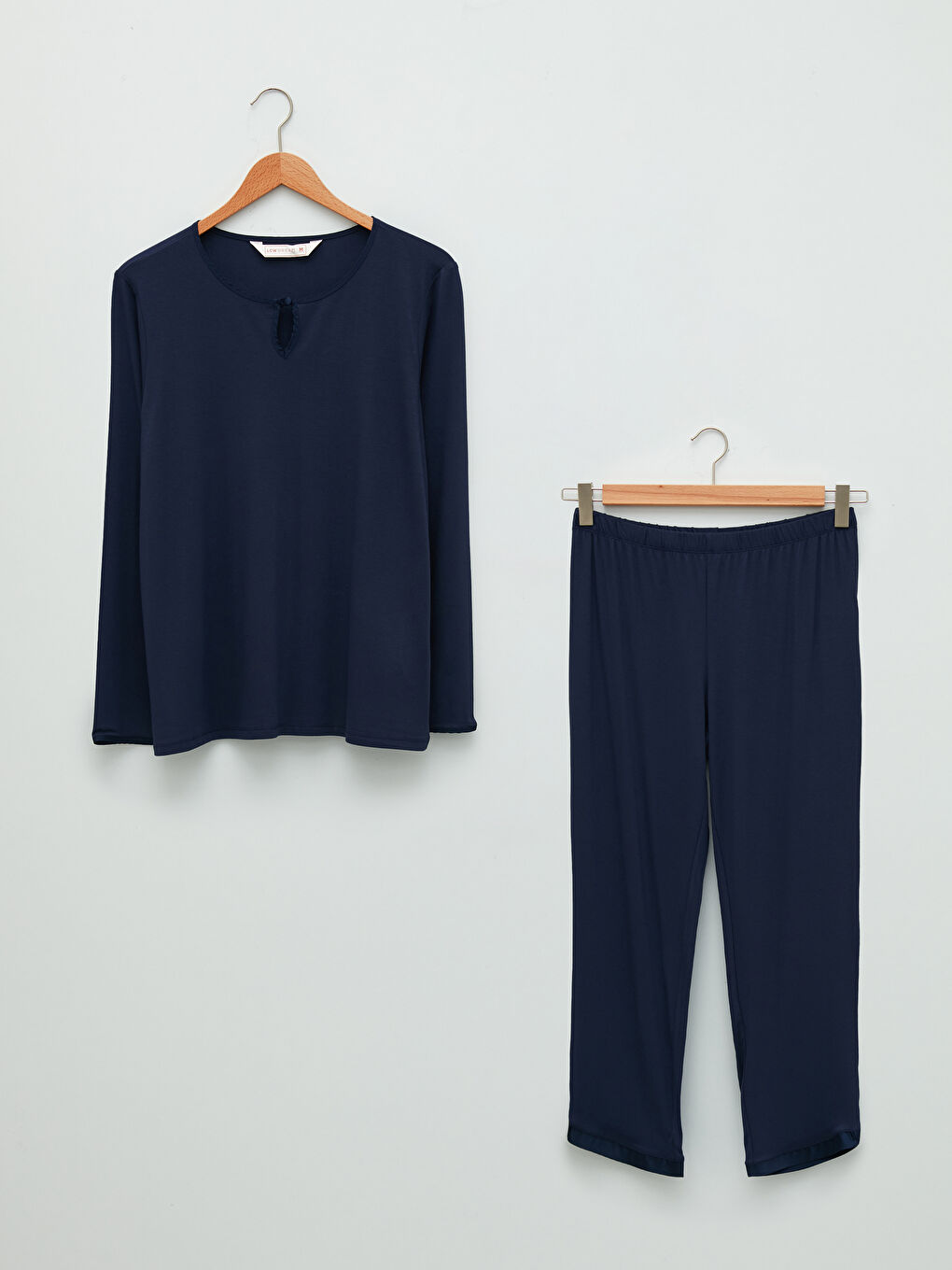 Lacivert Bisiklet Yaka Düz Uzun Kollu Viskon Kadın Pijama Takımı-4