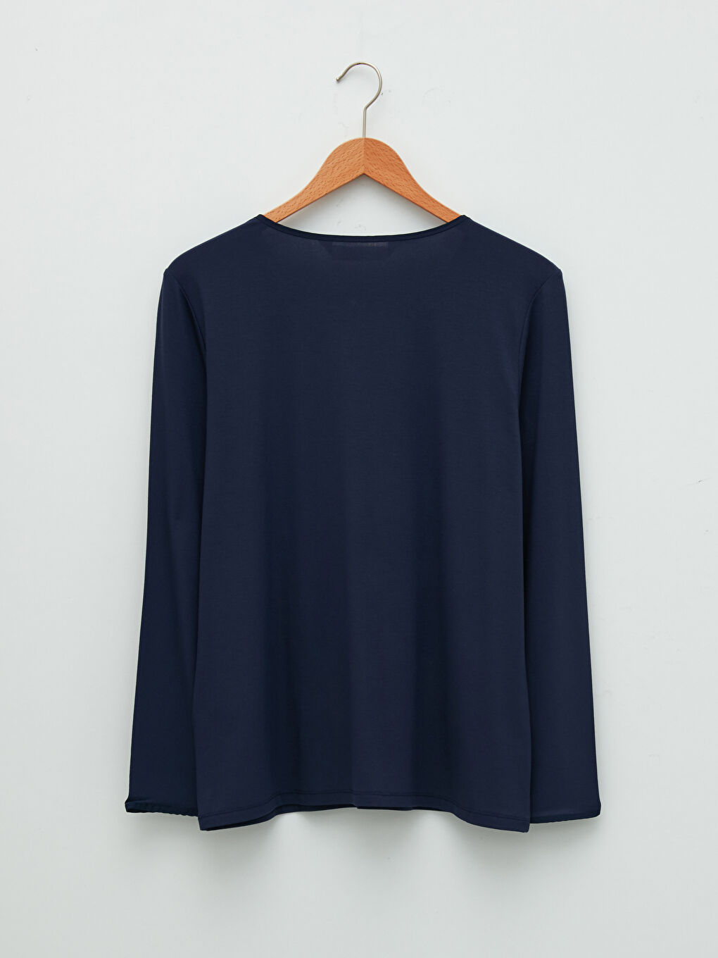 Lacivert Bisiklet Yaka Düz Uzun Kollu Viskon Kadın Pijama Takımı-6