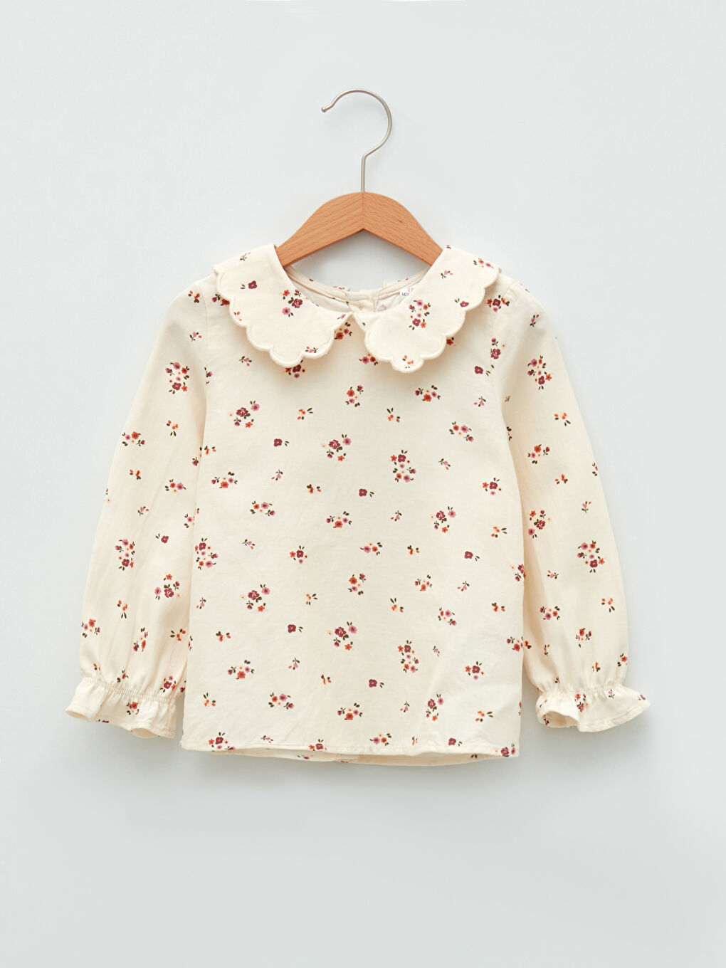 Ekru Bebe Yaka Uzun Kollu Desenli Pamuklu Kız Bebek Bluz