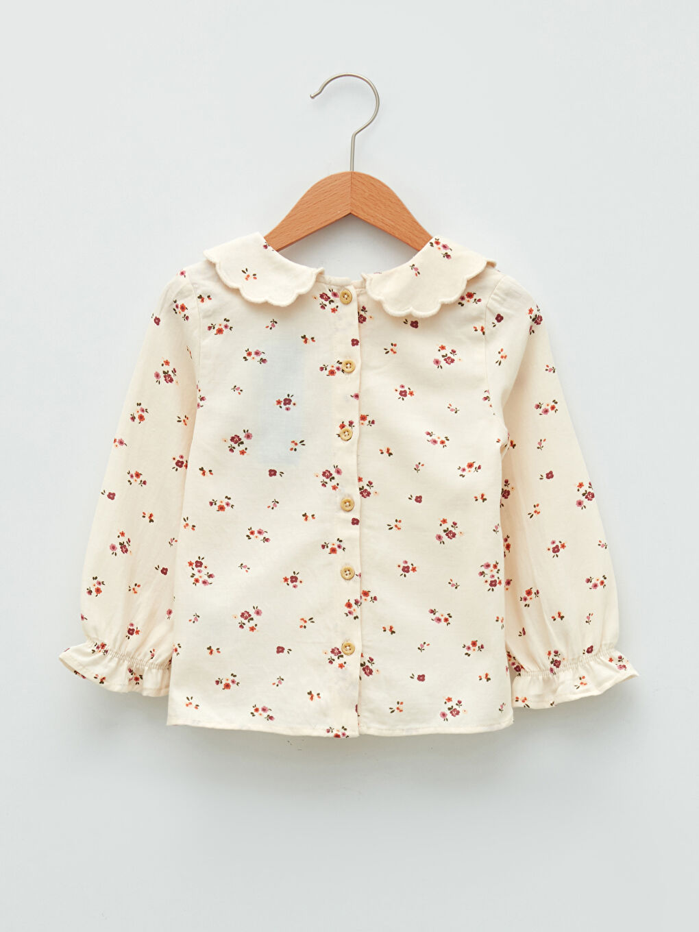 Ekru Bebe Yaka Uzun Kollu Desenli Pamuklu Kız Bebek Bluz-1