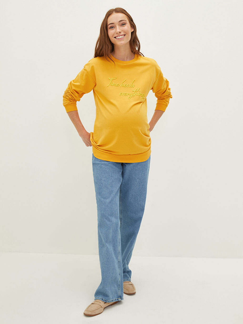 Crew Neck Embroidered Long Sleeve Maternity Sweatshirt-2