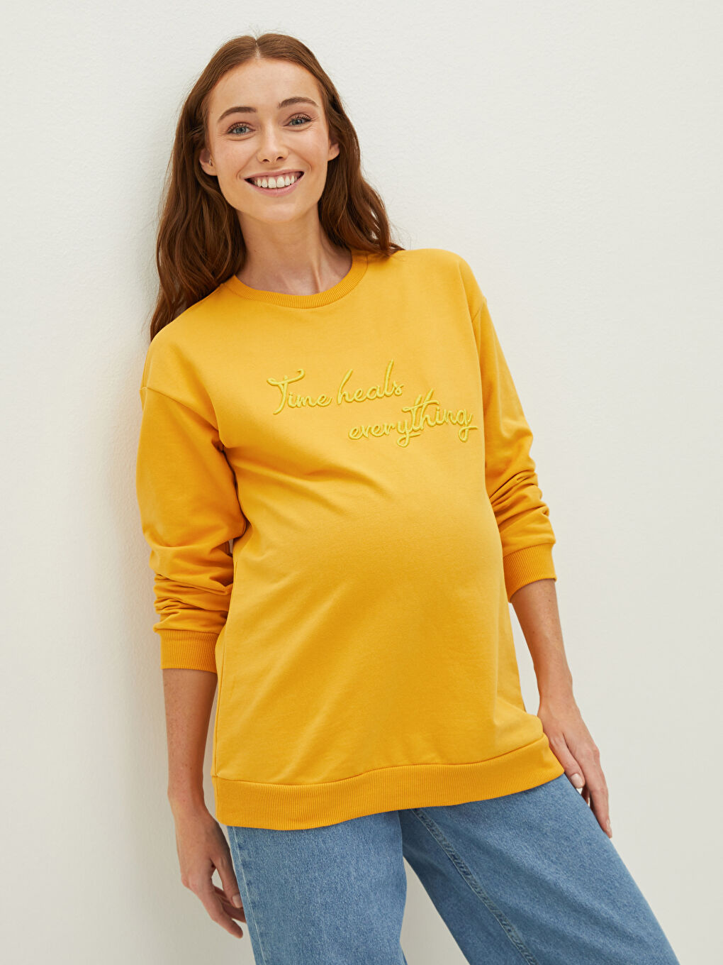 Crew Neck Embroidered Long Sleeve Maternity Sweatshirt-1