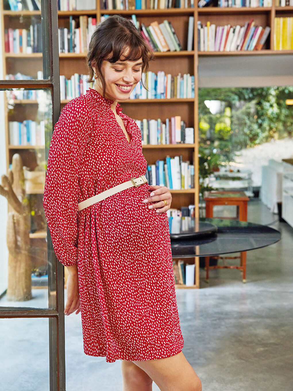 LCW Frilly V-Neck Patterned Long Sleeve Camisole Fabric Maternity Dress -W1AE75Z8-LTR