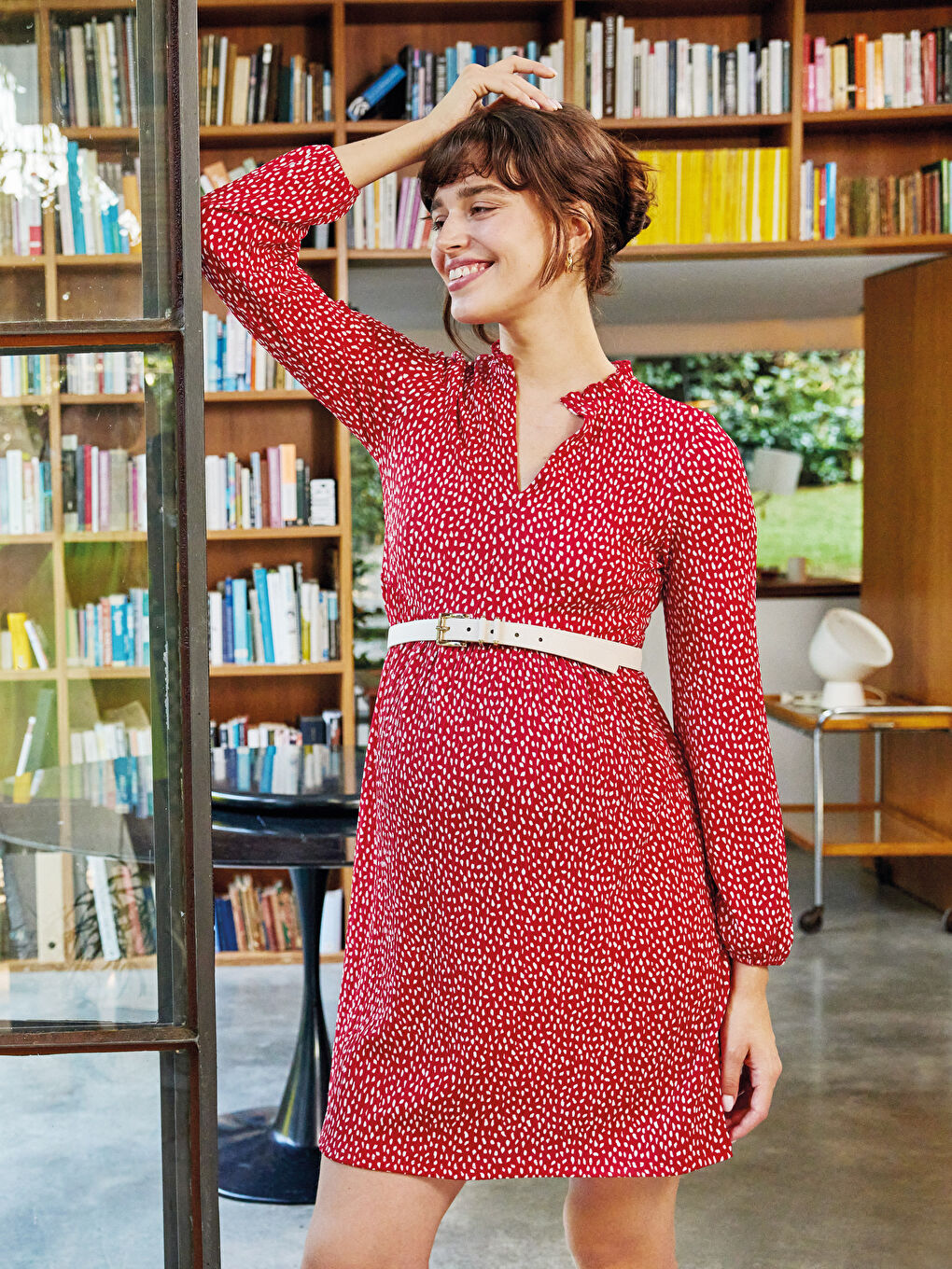 LCW Frilly V-Neck Patterned Long Sleeve Camisole Fabric Maternity Dress -W1AE75Z8-LTR