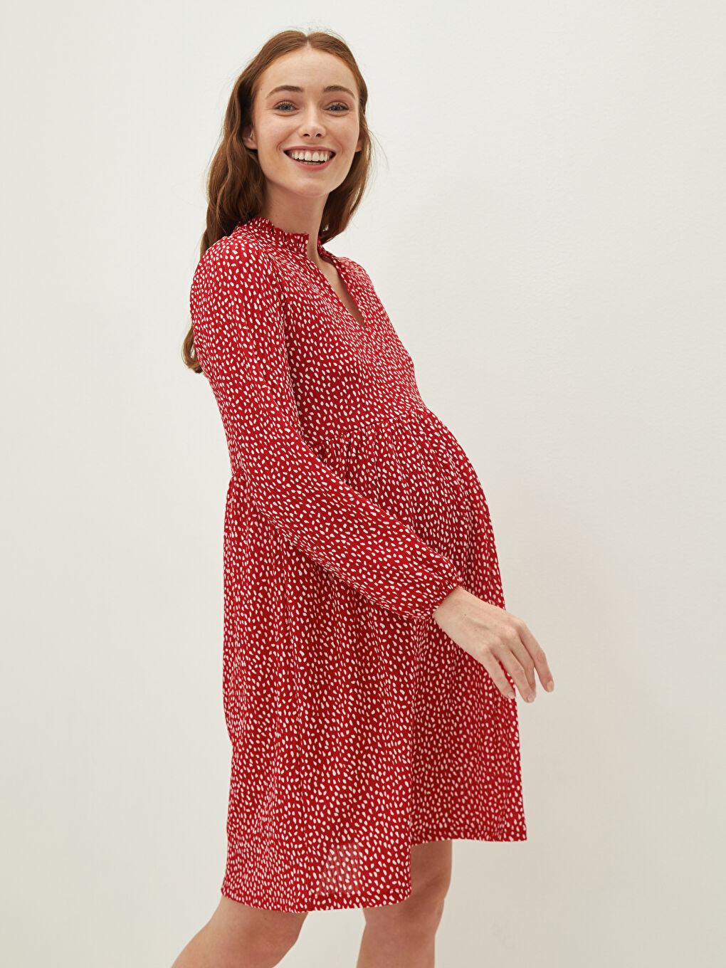 LCW Frilly V-Neck Patterned Long Sleeve Camisole Fabric Maternity Dress -W1AE75Z8-LTR