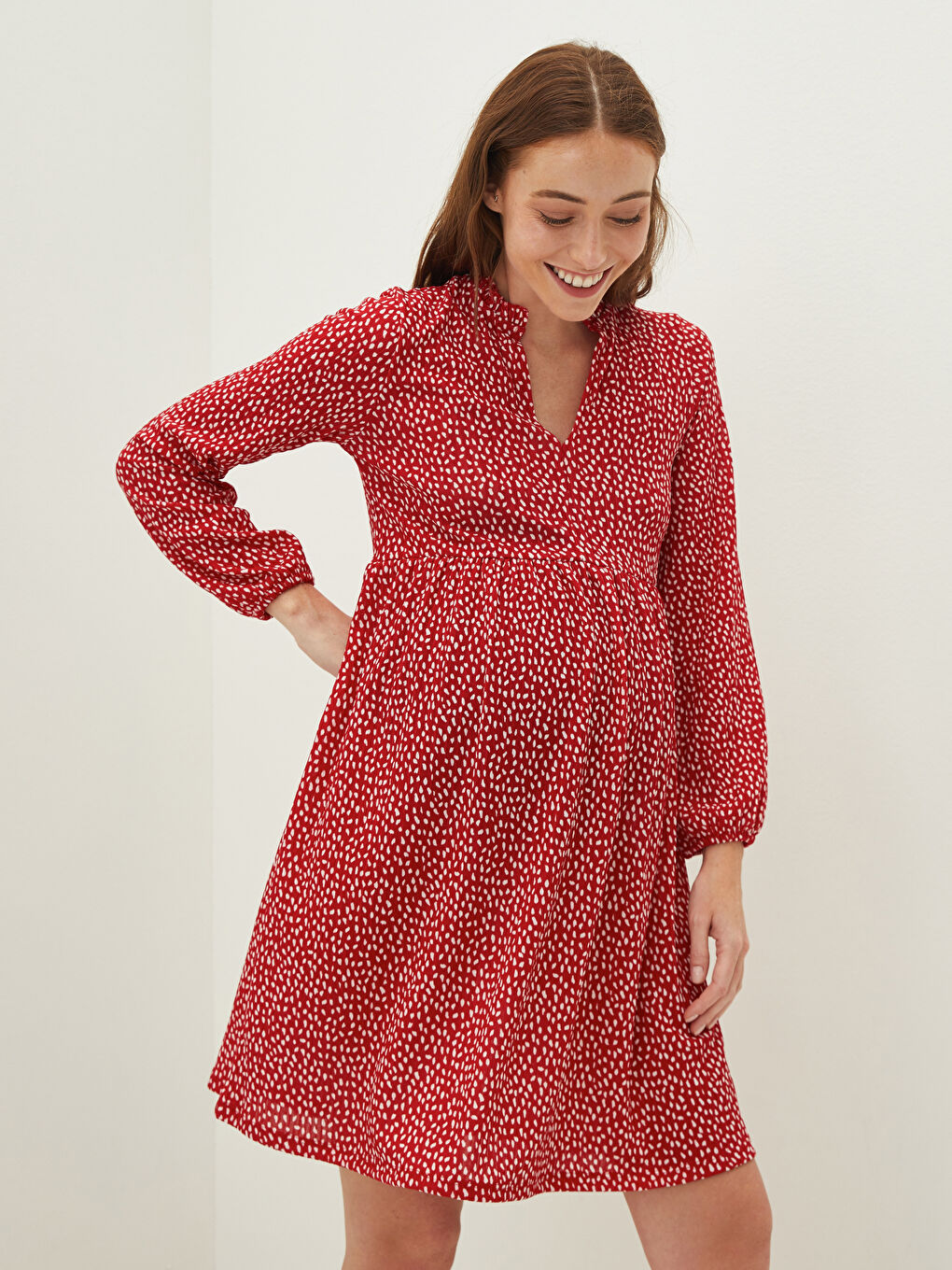 LCW Frilly V-Neck Patterned Long Sleeve Camisole Fabric Maternity Dress -W1AE75Z8-LTR