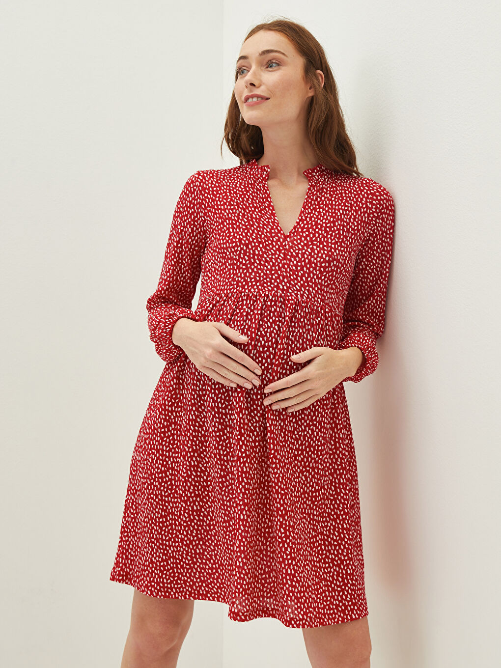 LCW Frilly V-Neck Patterned Long Sleeve Camisole Fabric Maternity Dress -W1AE75Z8-LTR