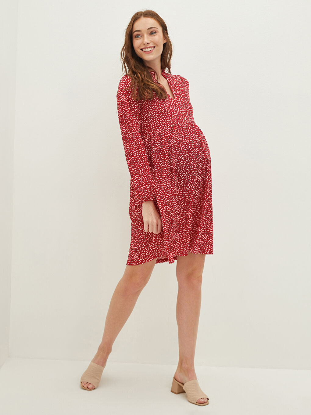 LCW Frilly V-Neck Patterned Long Sleeve Camisole Fabric Maternity Dress -W1AE75Z8-LTR