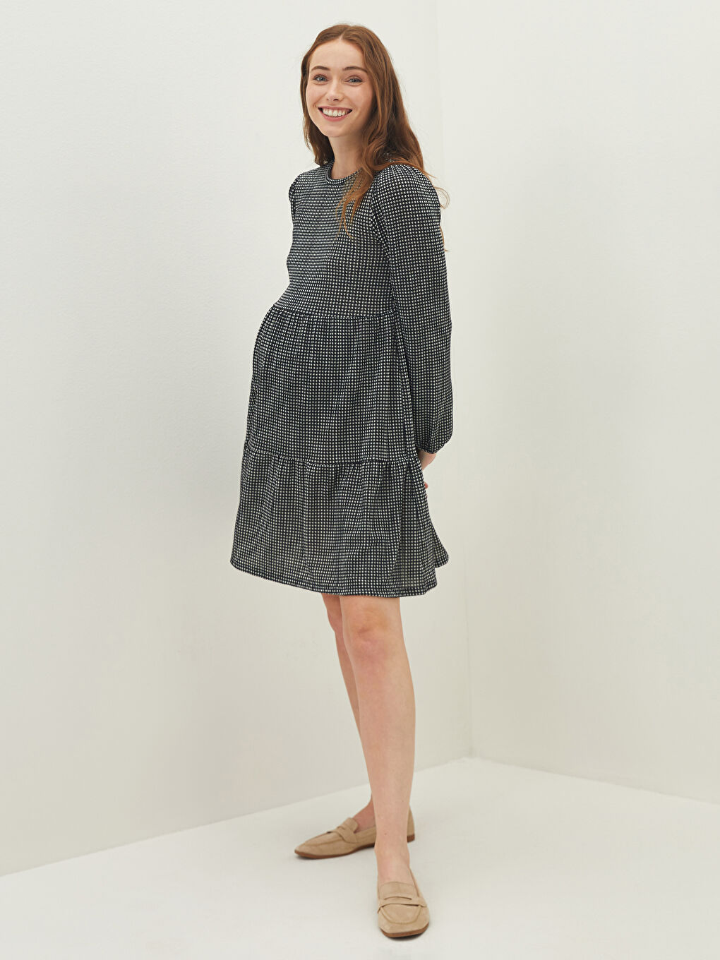 Siyah Bisiklet Yaka Kazayağı Desenli Uzun Kollu Kaşkorse Kumaş Hamile Elbise-1