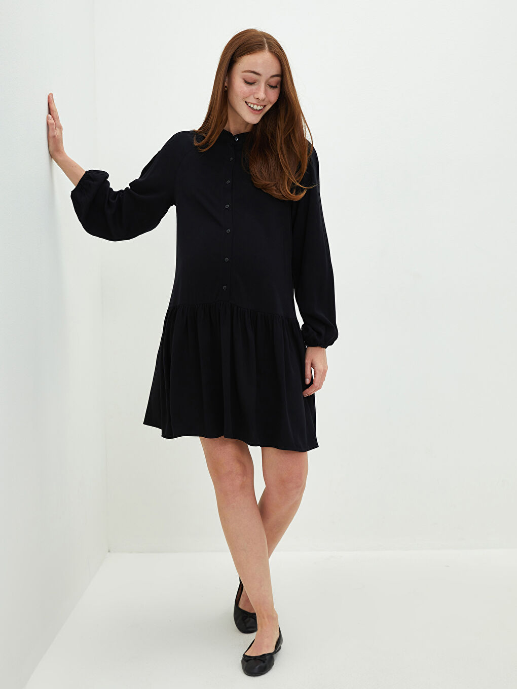 Siyah Hakim Yaka Düz Uzun Kollu Belmando Kumaş Hamile Elbise-2