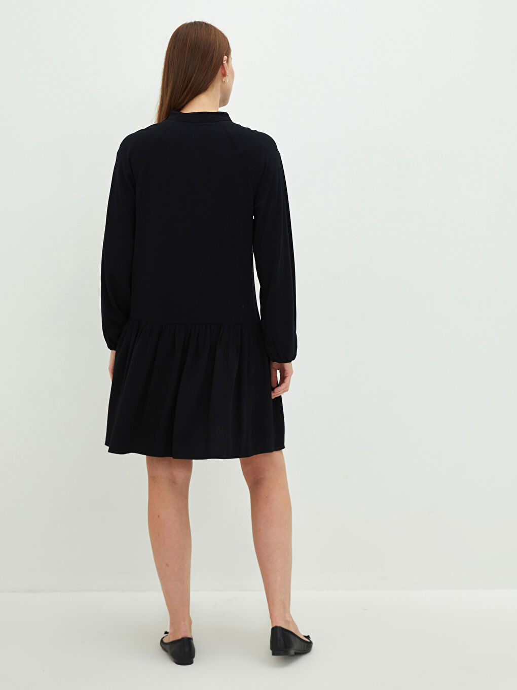 Siyah Hakim Yaka Düz Uzun Kollu Belmando Kumaş Hamile Elbise-3