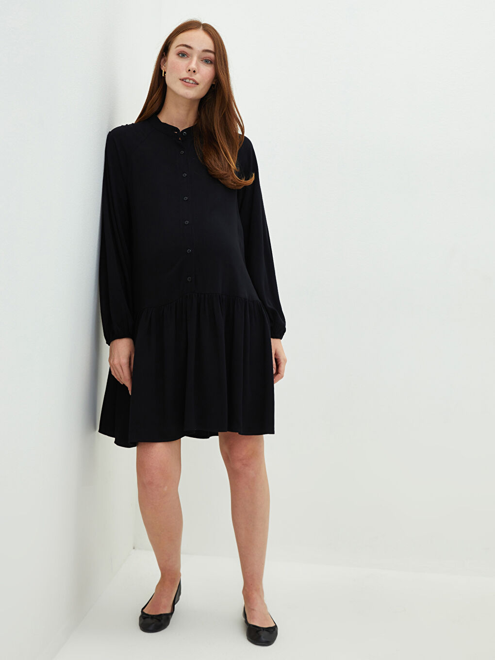 Siyah Hakim Yaka Düz Uzun Kollu Belmando Kumaş Hamile Elbise-1