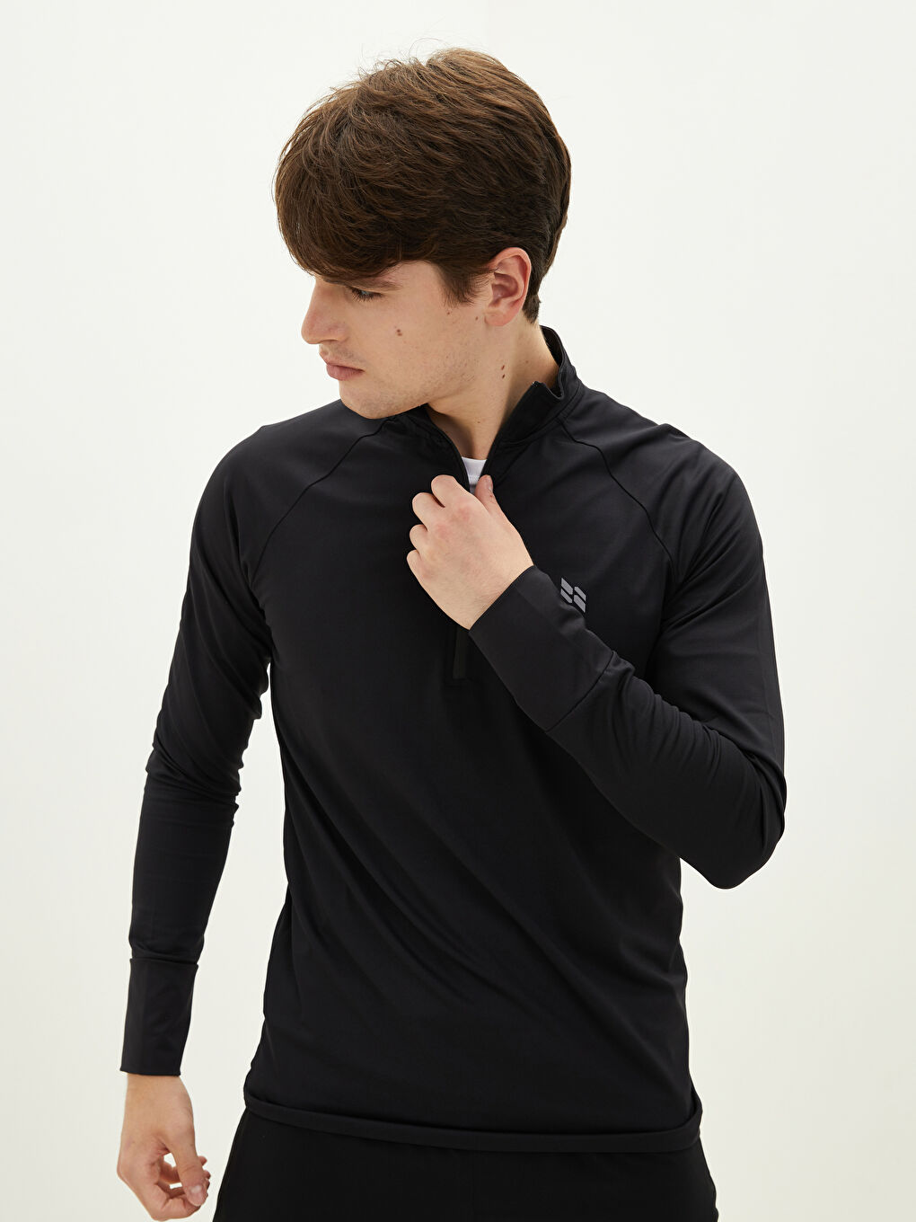 Siyah Dik Yaka Uzun Kollu Erkek Spor Sweatshirt