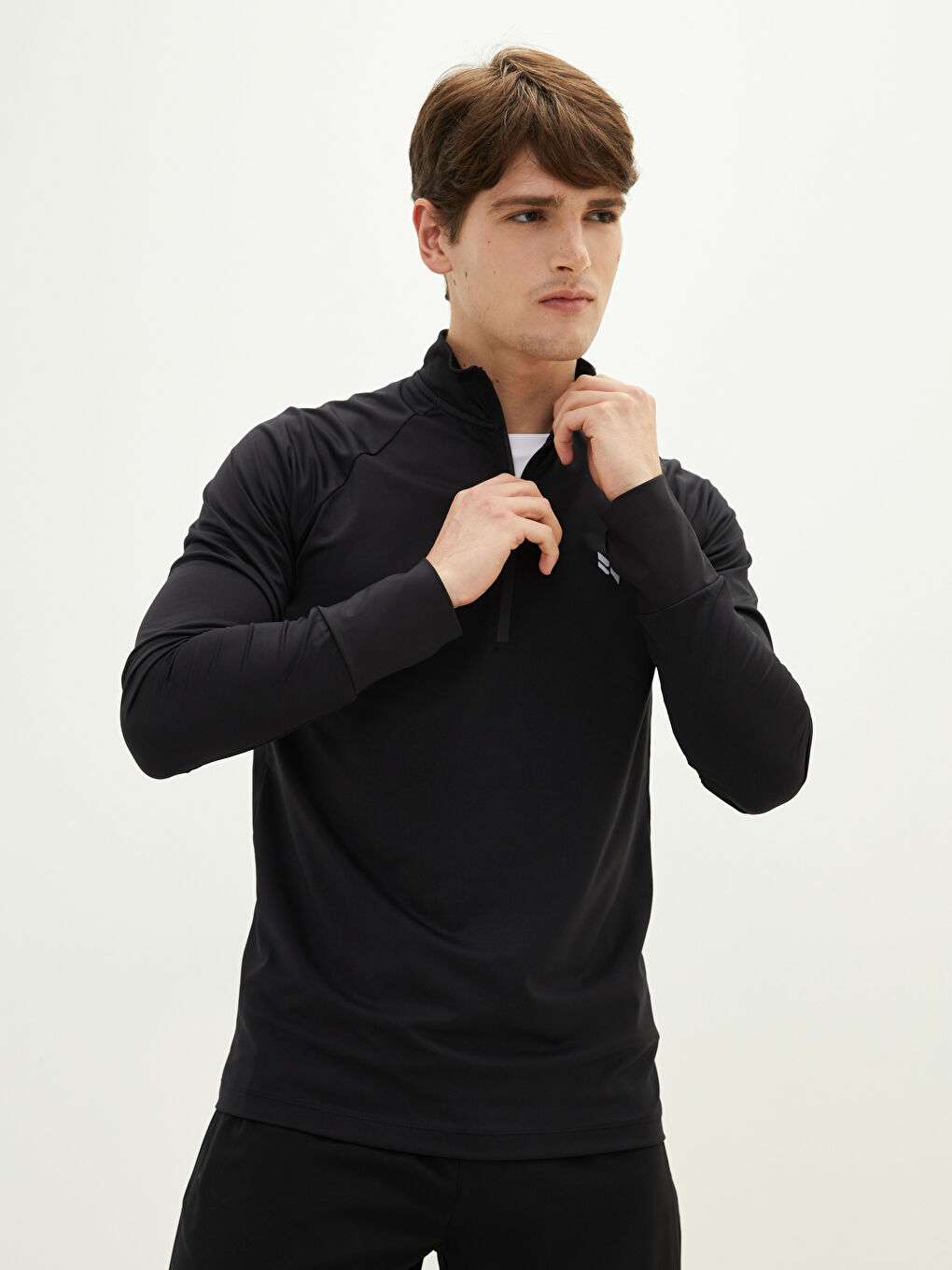 Siyah Dik Yaka Uzun Kollu Erkek Spor Sweatshirt-1