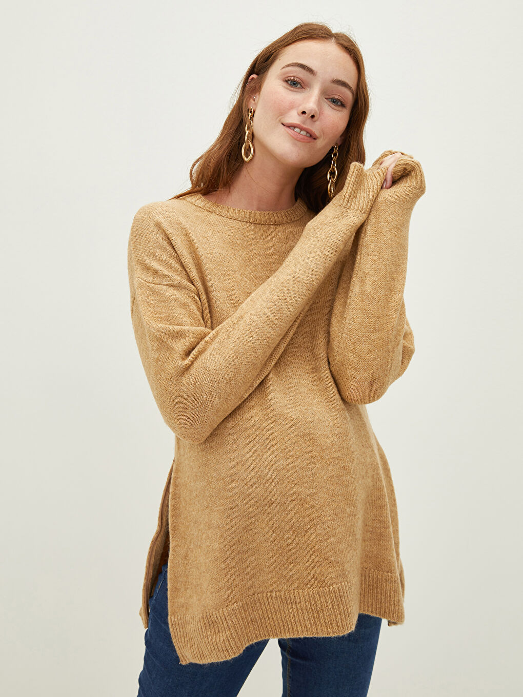 Bej Bisiklet Yaka Düz Uzun Kollu Hamile Triko Kazak-2