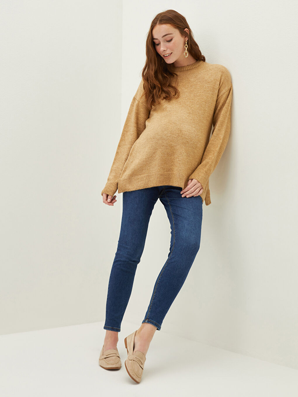 Bej Bisiklet Yaka Düz Uzun Kollu Hamile Triko Kazak-3