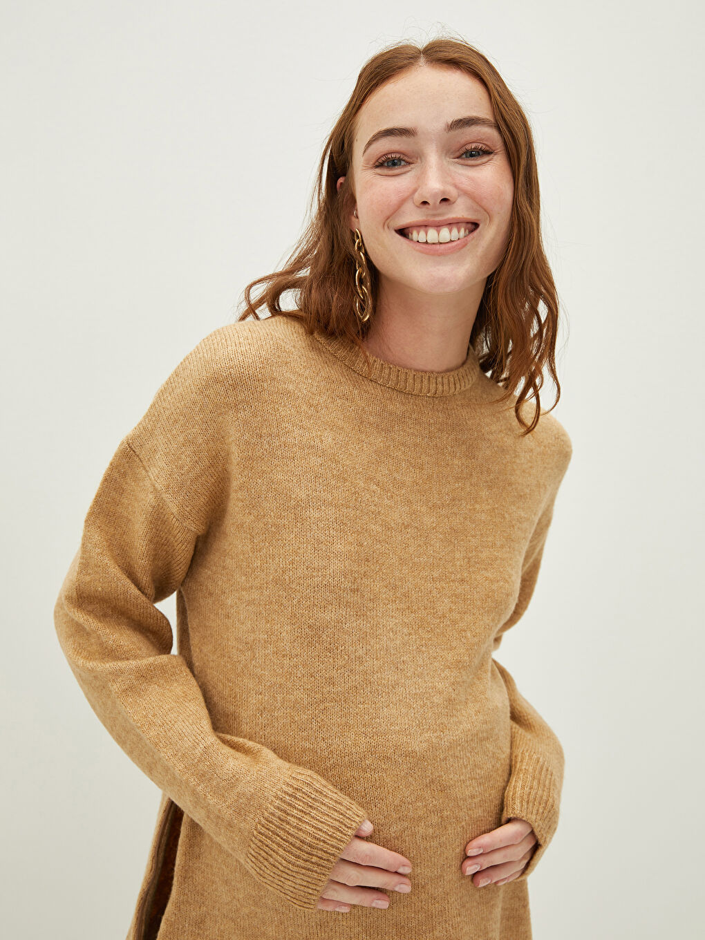 Bej Bisiklet Yaka Düz Uzun Kollu Hamile Triko Kazak-4