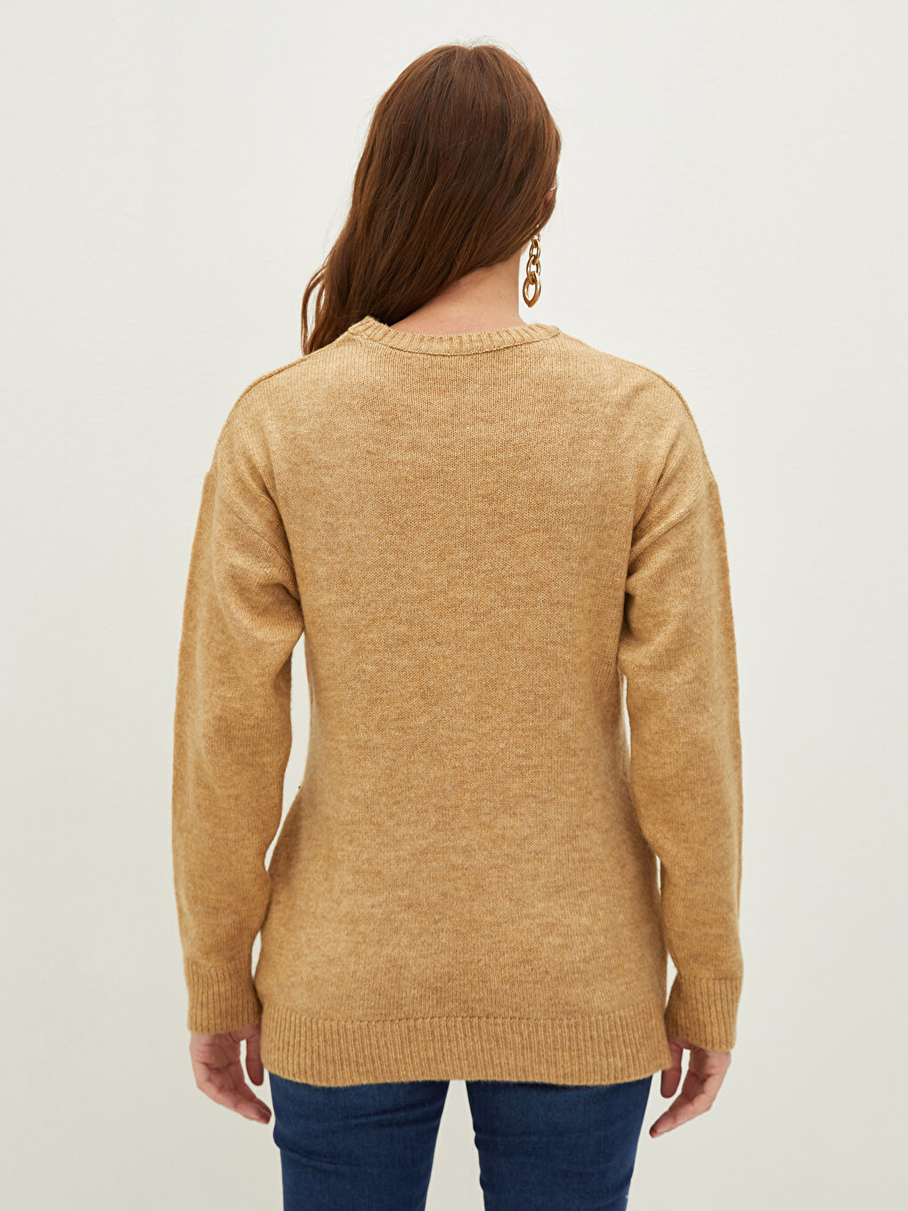 Bej Bisiklet Yaka Düz Uzun Kollu Hamile Triko Kazak-5