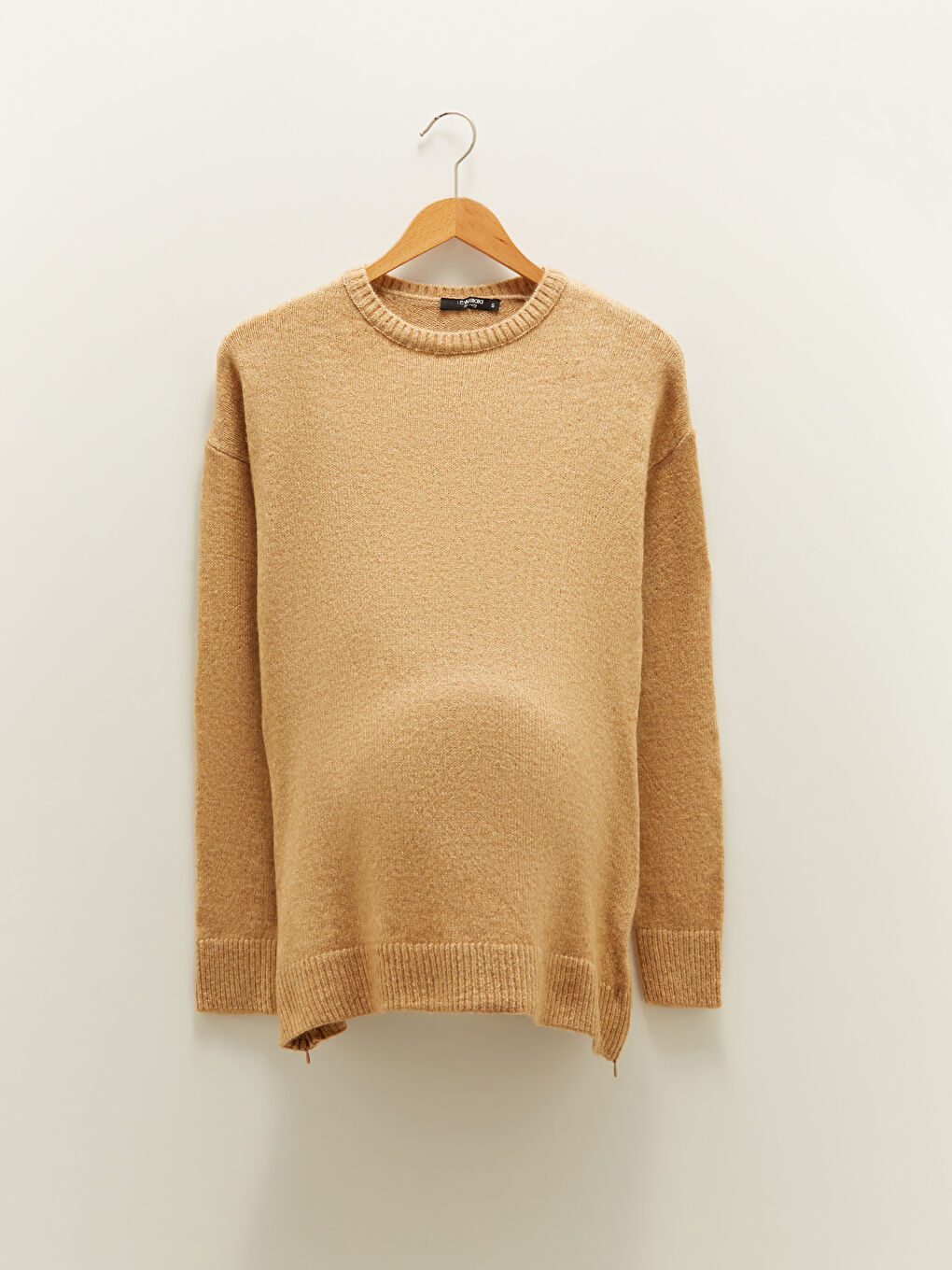 Bej Bisiklet Yaka Düz Uzun Kollu Hamile Triko Kazak-6