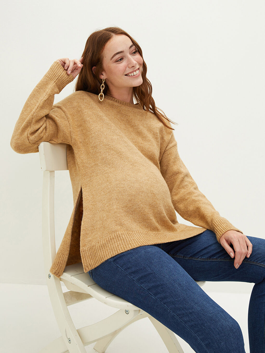 Bej Bisiklet Yaka Düz Uzun Kollu Hamile Triko Kazak