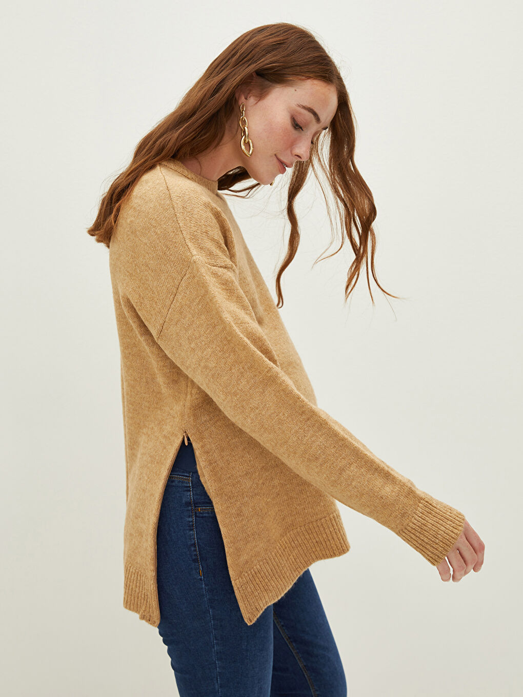 Bej Bisiklet Yaka Düz Uzun Kollu Hamile Triko Kazak-1