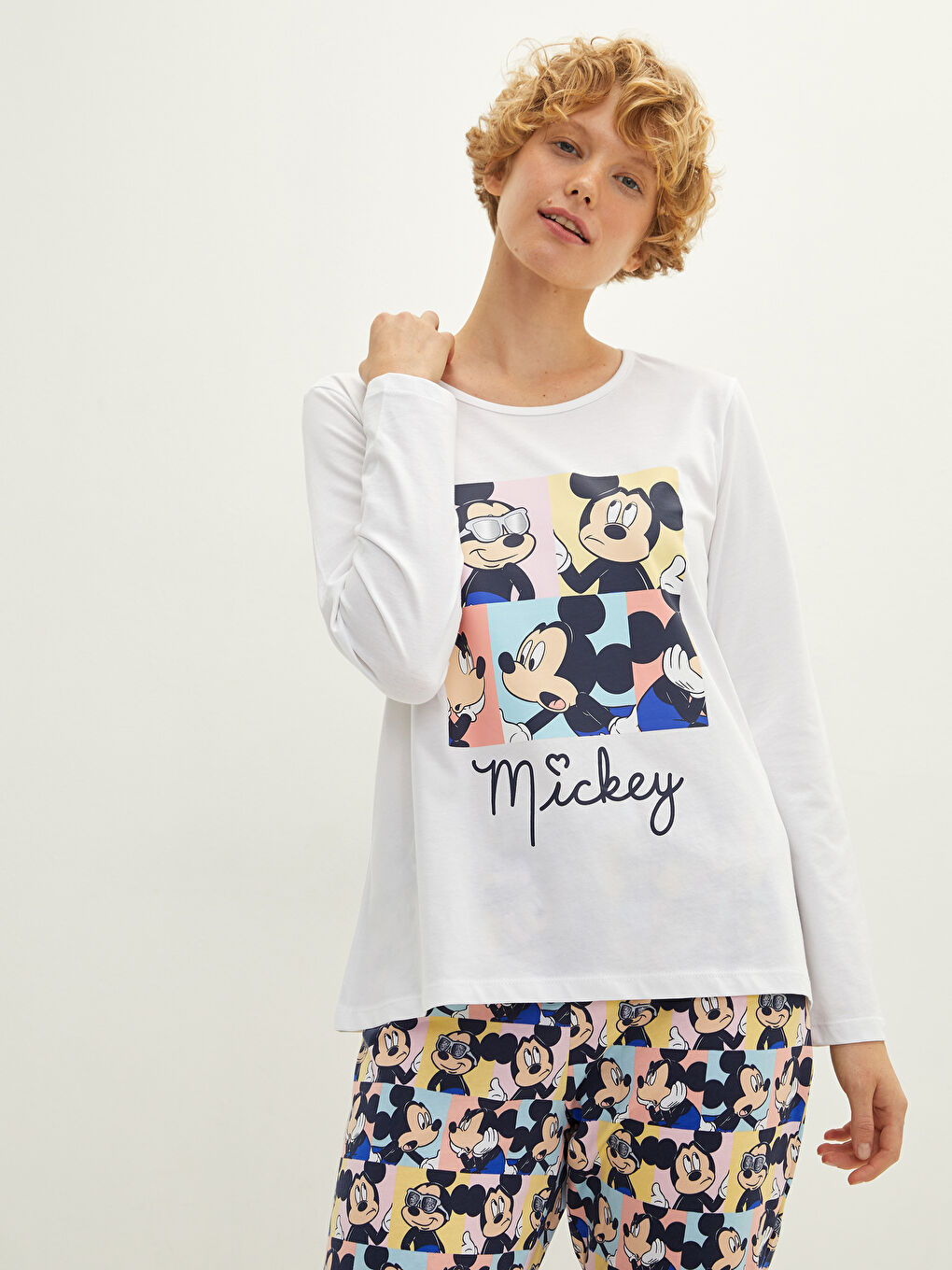 Crew Neck Mickey Mouse Printed Long Sleeve Cotton Women's Pajama Set