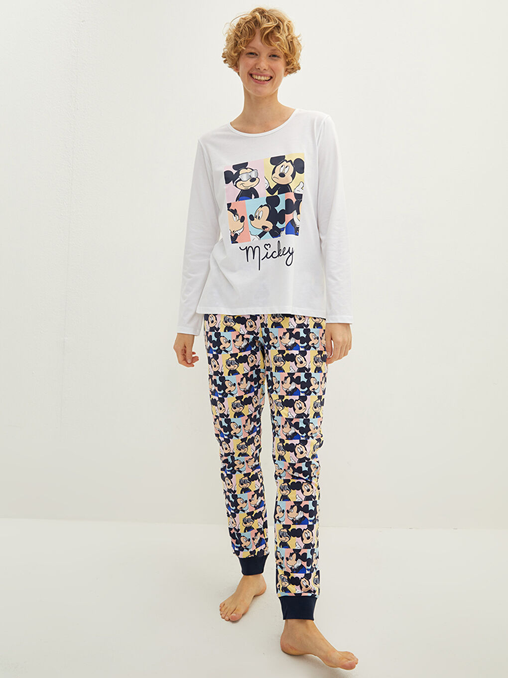Crew Neck Mickey Mouse Printed Long Sleeve Cotton Women's Pajama Set-2