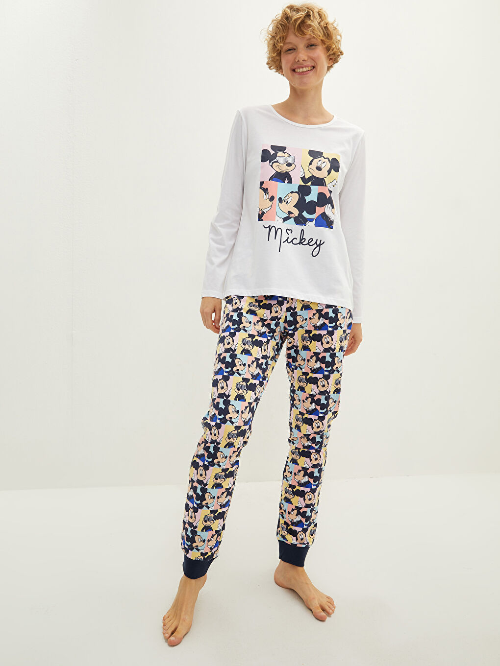 Crew Neck Mickey Mouse Printed Long Sleeve Cotton Women's Pajama Set-3