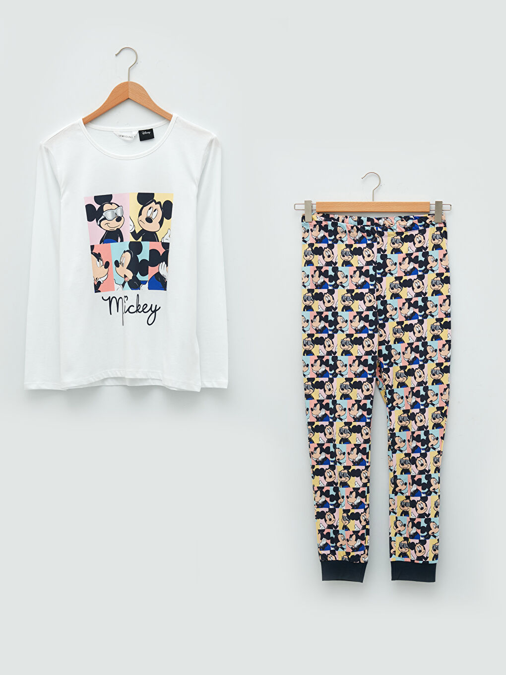 Crew Neck Mickey Mouse Printed Long Sleeve Cotton Women's Pajama Set-5