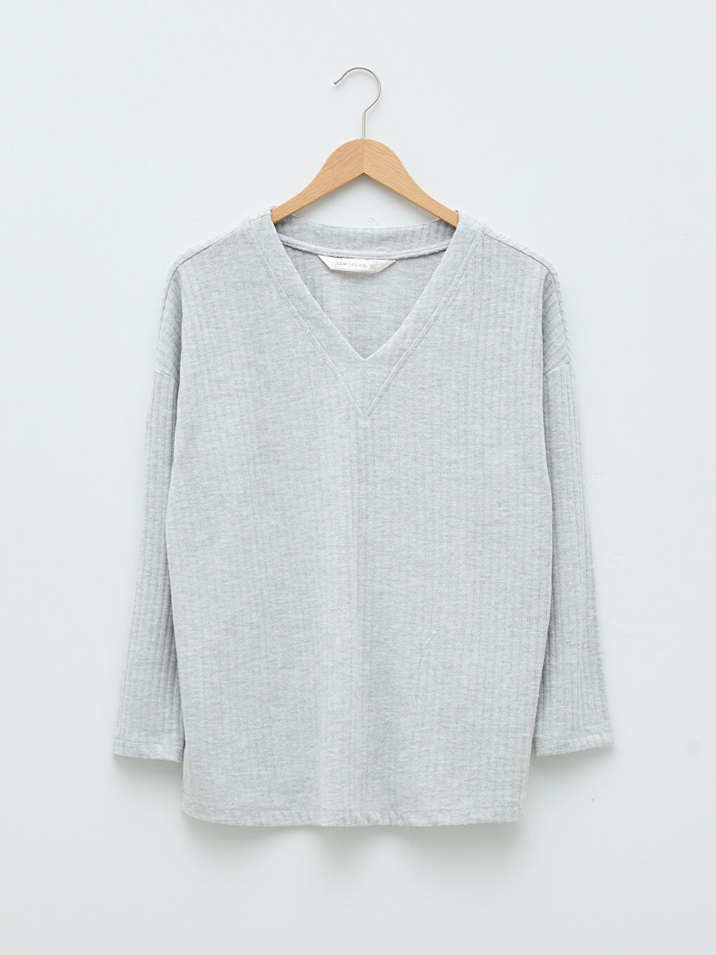 Gri V Yaka Düz Uzun Kollu Kadın Pijama Takımı-6