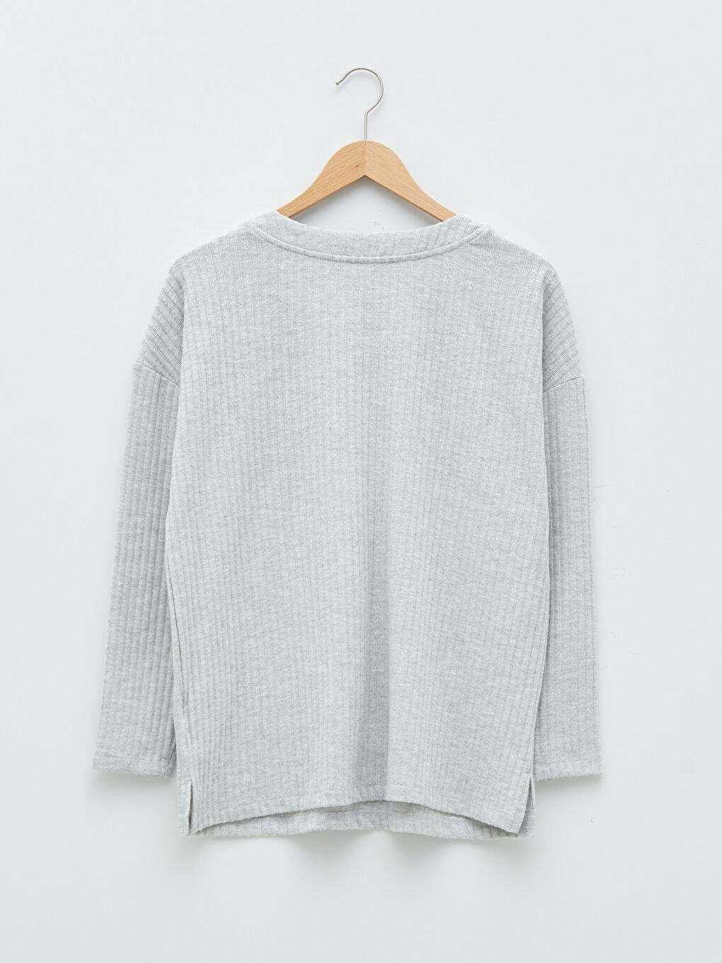 Gri V Yaka Düz Uzun Kollu Kadın Pijama Takımı-8